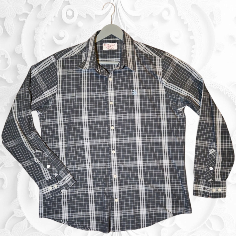 Penquin Men's‎ Black & Grey Checkered Shirt XL
